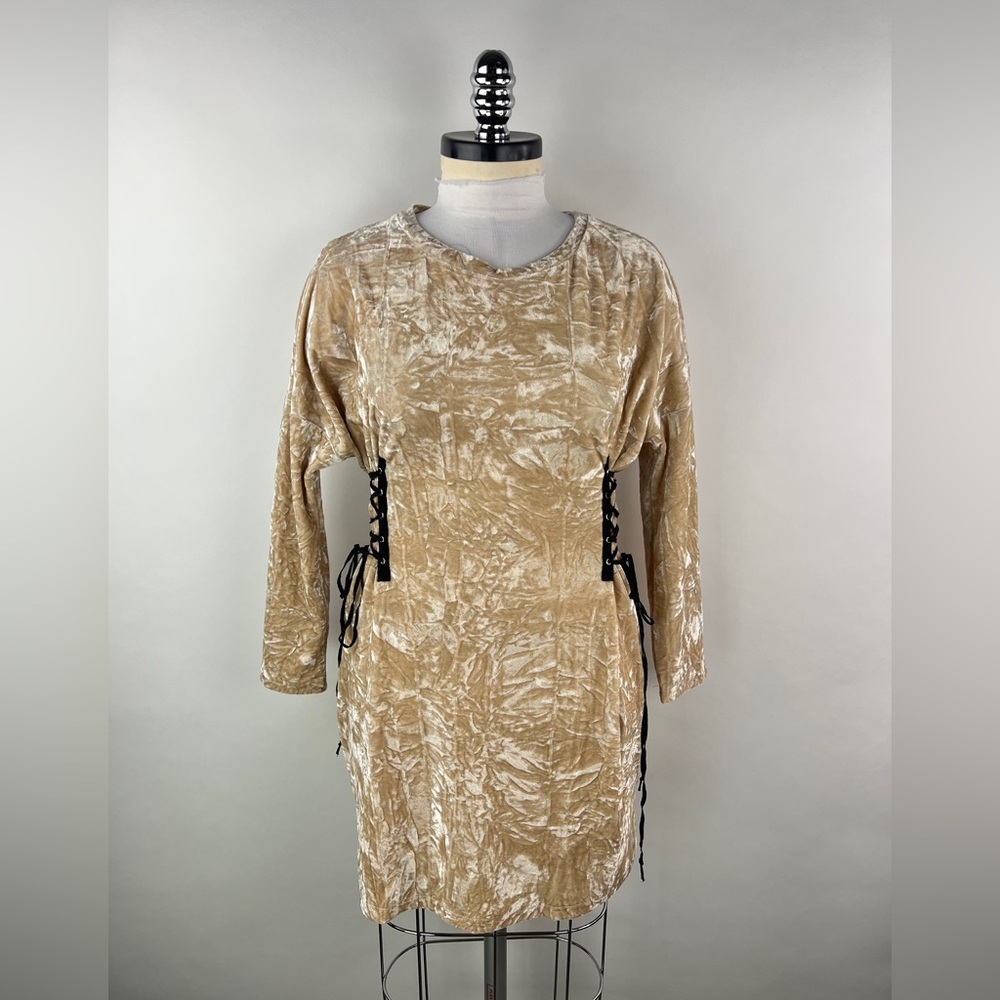 💚 3440. Crushed Velour Lace Up Detail Mini Dress - Picture 3 of 7